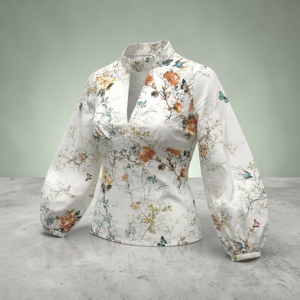Floral Butterfly High Neck Keyhole Blouse White Lantern Sleeve Top Romantic Lux